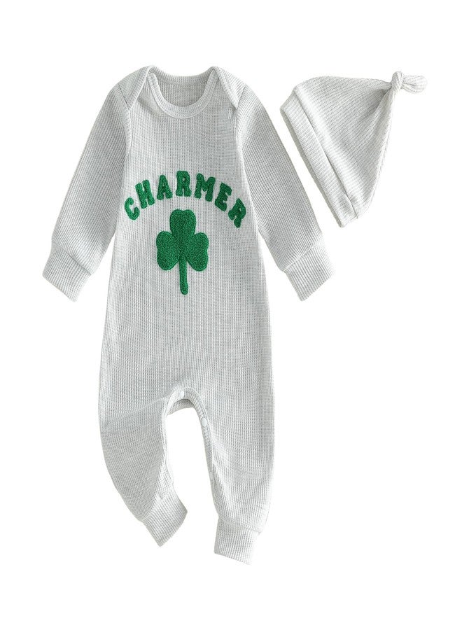Karuedoo Newborn Baby Boy Girl St Patricks Day Outfit Charmer Clover Embroidery Waffle Long Sleeve Romper Jumpsuit with Hat (A-Gray, 3-6 Months) - Image 1