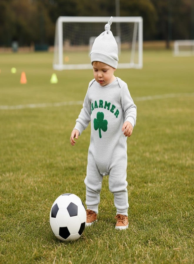 Karuedoo Newborn Baby Boy Girl St Patricks Day Outfit Charmer Clover Embroidery Waffle Long Sleeve Romper Jumpsuit with Hat (A-Gray, 3-6 Months) - Image 2