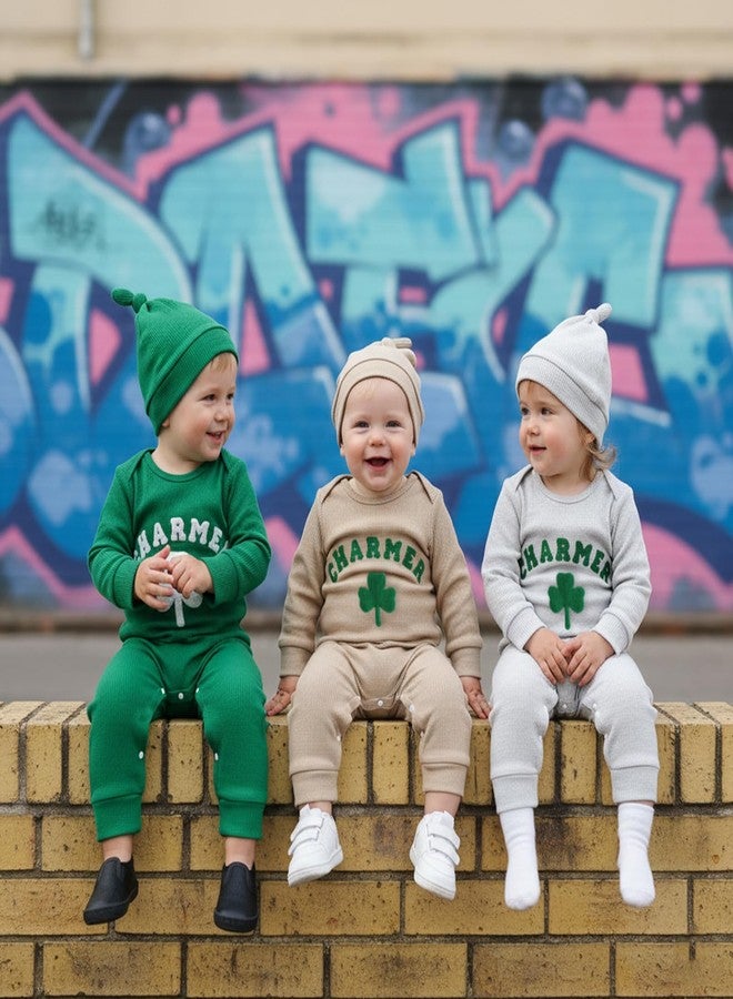 Karuedoo Newborn Baby Boy Girl St Patricks Day Outfit Charmer Clover Embroidery Waffle Long Sleeve Romper Jumpsuit with Hat (A-Gray, 3-6 Months) - Image 4