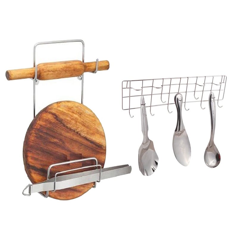 JISUN Stainless Steel Wall Mounted Ladle Hook Rail Wall Mounted Chakla Belan Stand for Kitchen Silver Pack of 2  - Image 1