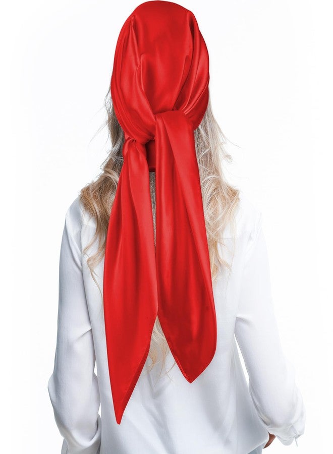 Andibro 35" Large Square Satin Head Scarf, Silk Shiny Solid Color Head Scarves Sleeping Head Wraps for Women Hair Bandana (Red) - Image 1