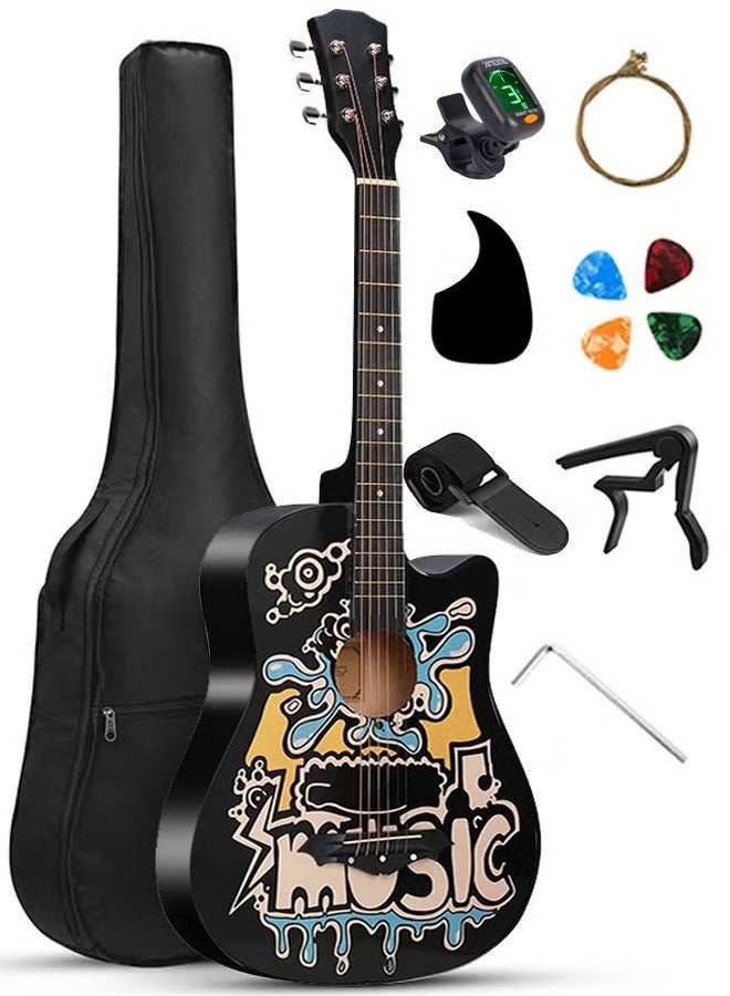 تيوكس مجموعة جيتار مقاس 38 بوصة مع ملحقات للأطفال والكبار مع حقيبة جيتار وموالف وأوتار نحاسية وخيوط كابو وقطعة قماش للتنظيف كهدية - Image 1