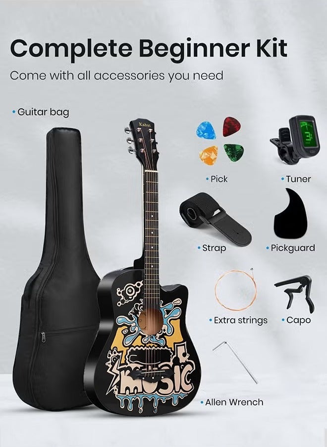 تيوكس مجموعة جيتار مقاس 38 بوصة مع ملحقات للأطفال والكبار مع حقيبة جيتار وموالف وأوتار نحاسية وخيوط كابو وقطعة قماش للتنظيف كهدية - Image 2