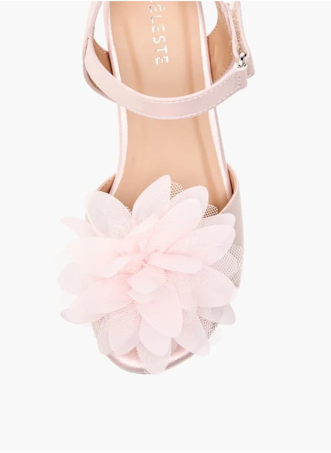 Celeste Girls Floral Applique Block Heel Sandals With Hook And Loop Closure Ramadan Collection