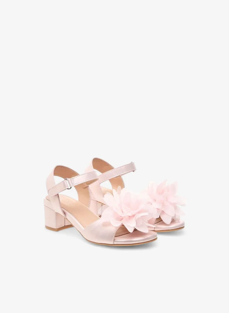 سيليست صنادل بناتي بكعب عريض وتزيين زهري مع إغلاق بشريط لاصق