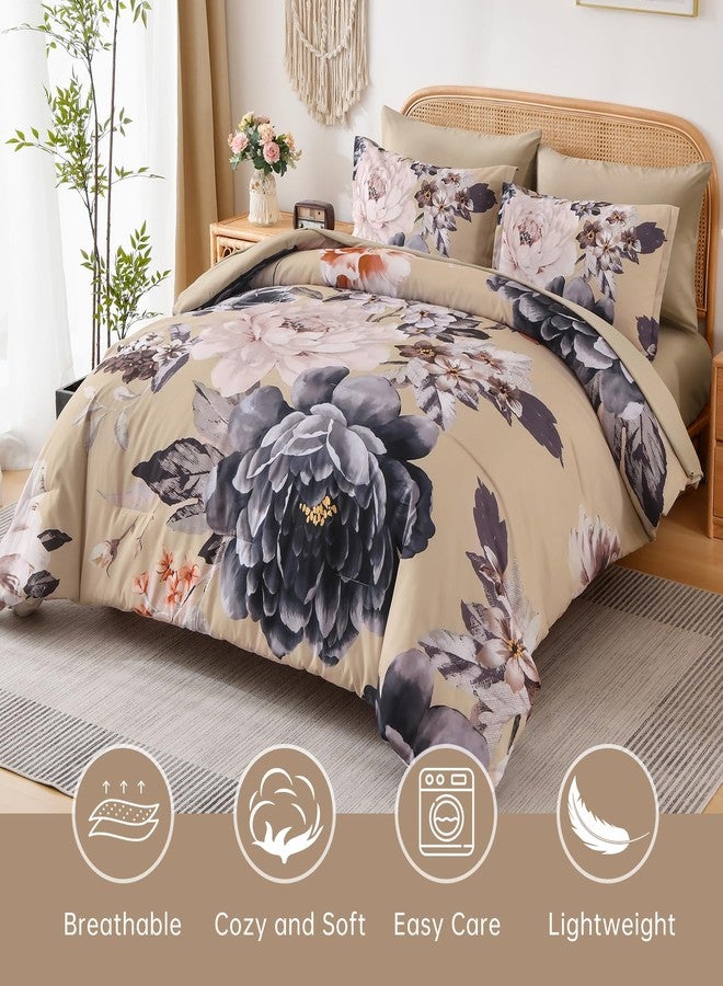 Dintszyayue King Comforter Set Beige 7 Pieces Bed in a Bag, Floral Bedding Sets Elegant Flower Bed Set Lightweight Comforter for All Season with Flat Sheet, Fitted Sheets, Pillowcases & Shams - Image 2