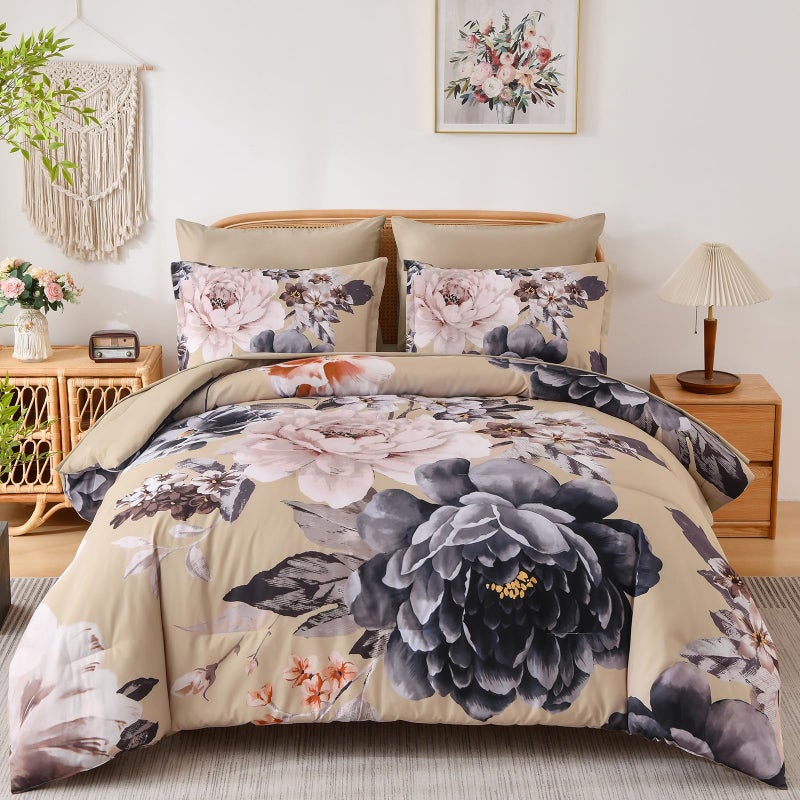 Dintszyayue King Comforter Set Beige 7 Pieces Bed in a Bag, Floral Bedding Sets Elegant Flower Bed Set Lightweight Comforter for All Season with Flat Sheet, Fitted Sheets, Pillowcases & Shams - Image 1