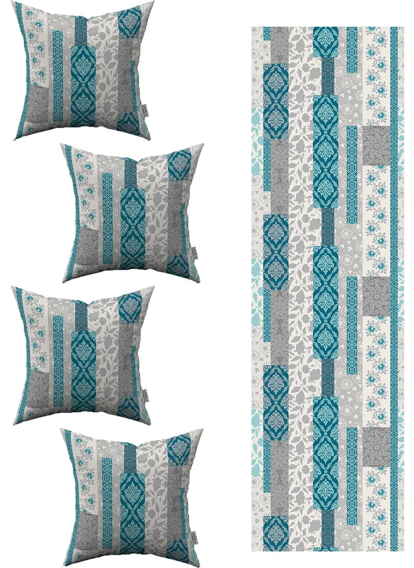 Cango Home Blue Gray Ethnic Patterned 4-Piece Throw Pillow Case 1 Runner Set 4KMBS217-RS