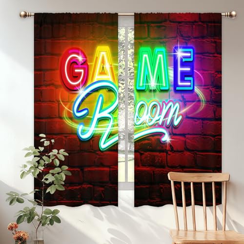 Mitpok Neon Gaming Curtains for Bedroom 42Wx63H Inch Rod Pocket Kids Boys Gamer Video Game Room Playroom Cool Modern Rustic Brick Wall Child Men 2 Panel Window Treatment Set for Living Room Decor - Image 3