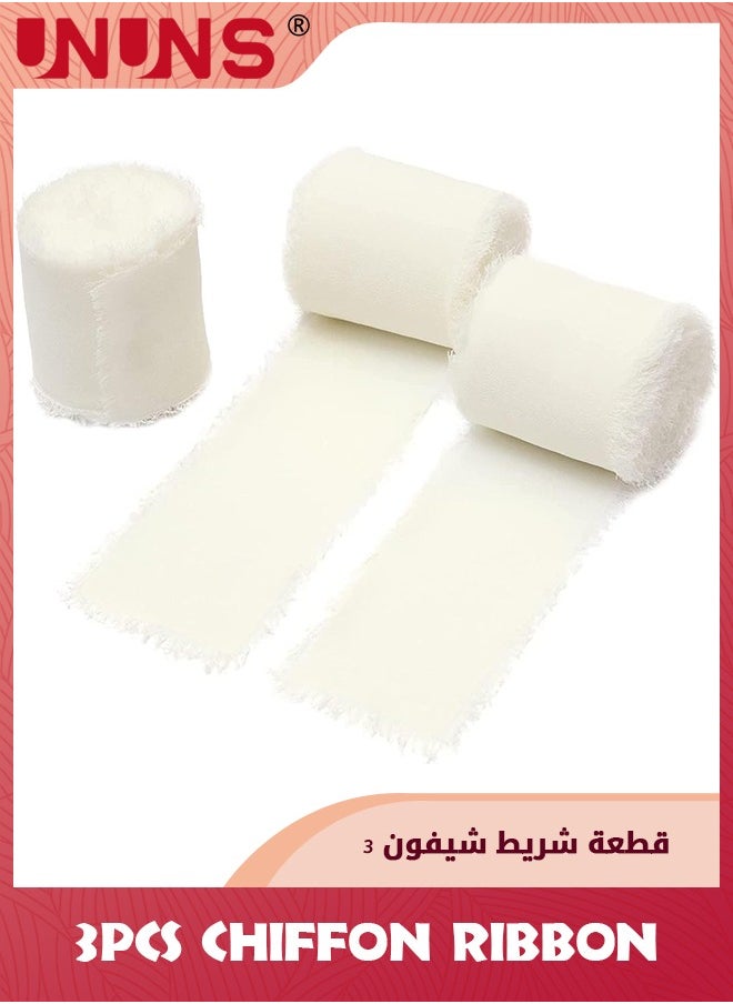UNUNS 3 Rolls Chiffon Silk Ribbon,3.8cm X 5.5 Yard(5m) Handmade Fringe Chiffon Ribbon Set,Frayed Edge Ribbon For Wedding Invitations,Gift Wrapping,Bridal Bouquet Wrap,Decorating,DIY Craft-Cream White  - Image 1