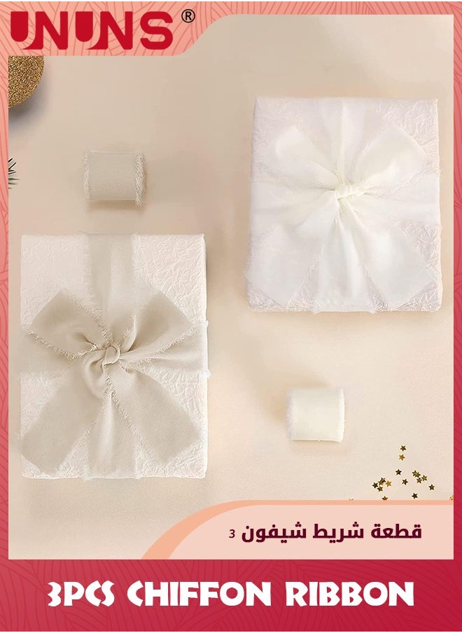 UNUNS - 3 Rolls Chiffon Silk Ribbon,3.8cm X 5.5 Yard(5m) Handmade Fringe Chiffon Ribbon Set,Frayed Edge Ribbon For Wedding Invitations,Gift Wrapping,Bridal Bouquet Wrap,Decorating,DIY Craft-Cream White - Image 1