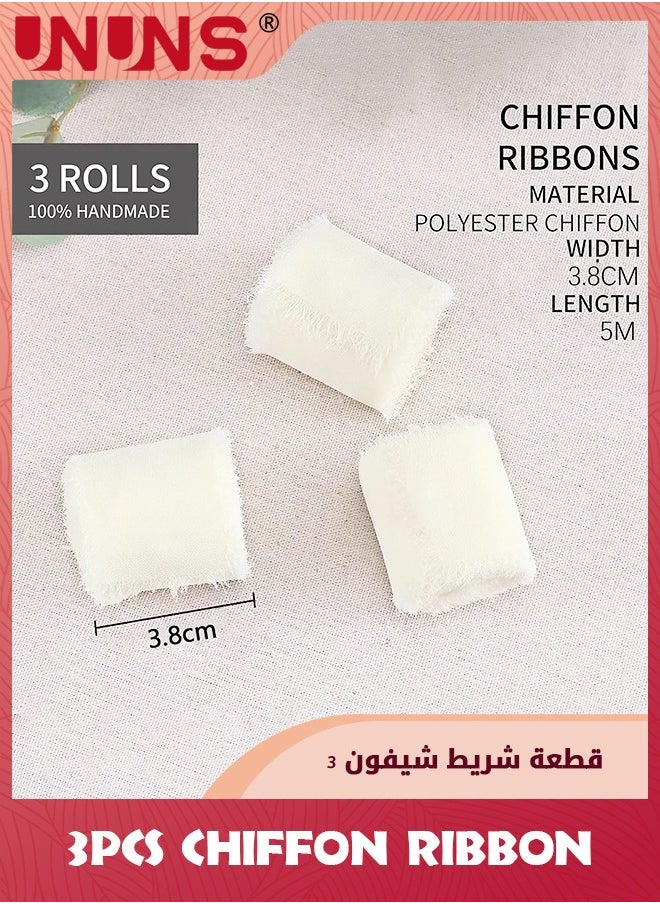 UNUNS 3 Rolls Chiffon Silk Ribbon,3.8cm X 5.5 Yard(5m) Handmade Fringe Chiffon Ribbon Set,Frayed Edge Ribbon For Wedding Invitations,Gift Wrapping,Bridal Bouquet Wrap,Decorating,DIY Craft-Cream White  - Image 2