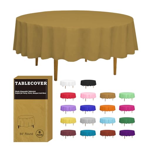 DZ Plastic Table Cloth Disposable 6 Pack Gold Round Tablecloth Individually Wrapped for IndoorOutdoor 84 Inch Table Cover for Party Picnic Birthday Wedding  Dinner