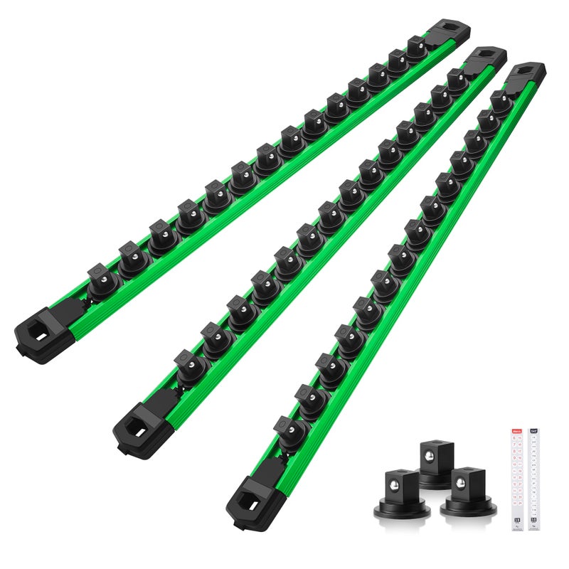 Reniteco Magnetic Socket Organizer Set, 3PC 3/8-Inch Drive Aluminum Alloy Socket Rail, Heavy Duty Magnetic Socket Holder for Tool Box Drawer, 360Â° Swivel Socket Rack, 3/8" x 42 Clips, Green - Image 1