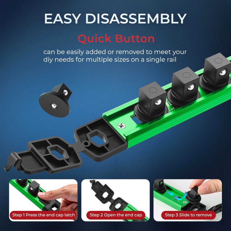 Reniteco Magnetic Socket Organizer Set, 3PC 3/8-Inch Drive Aluminum Alloy Socket Rail, Heavy Duty Magnetic Socket Holder for Tool Box Drawer, 360Â° Swivel Socket Rack, 3/8" x 42 Clips, Green - Image 3