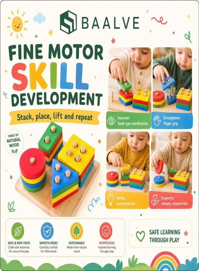 BAALVE™ Wooden Angle Geometric Stacker Shape Sorter Blocks,Educational Intelligence Early Learning Column Puzzle Stacking Toy Set for Todder Kids Boys & Girls (Pack of 1, Multicolour, 16 Pieces). - Image 4