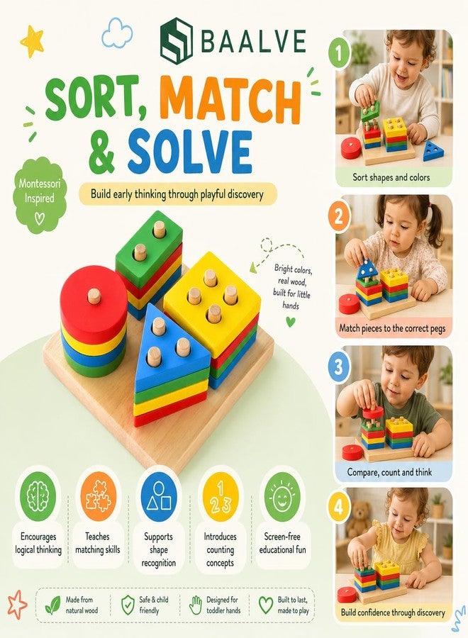 BAALVE™ Wooden Angle Geometric Stacker Shape Sorter Blocks,Educational Intelligence Early Learning Column Puzzle Stacking Toy Set for Todder Kids Boys & Girls (Pack of 1, Multicolour, 16 Pieces). - Image 3