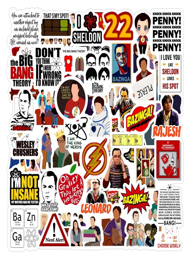 True Flair مجموعة ملصقات True Flair من 61 ملصقًا فينيلًا ذاتيًا لاصقًا لمسلسل Big Bang التلفزيوني، مناسبة لأجهزة الكمبيوتر المحمولة، والمذكرات، والغيتار، والهواتف المحمولة - مقاومة للماء ولا تترك أي بقايا - Image 1