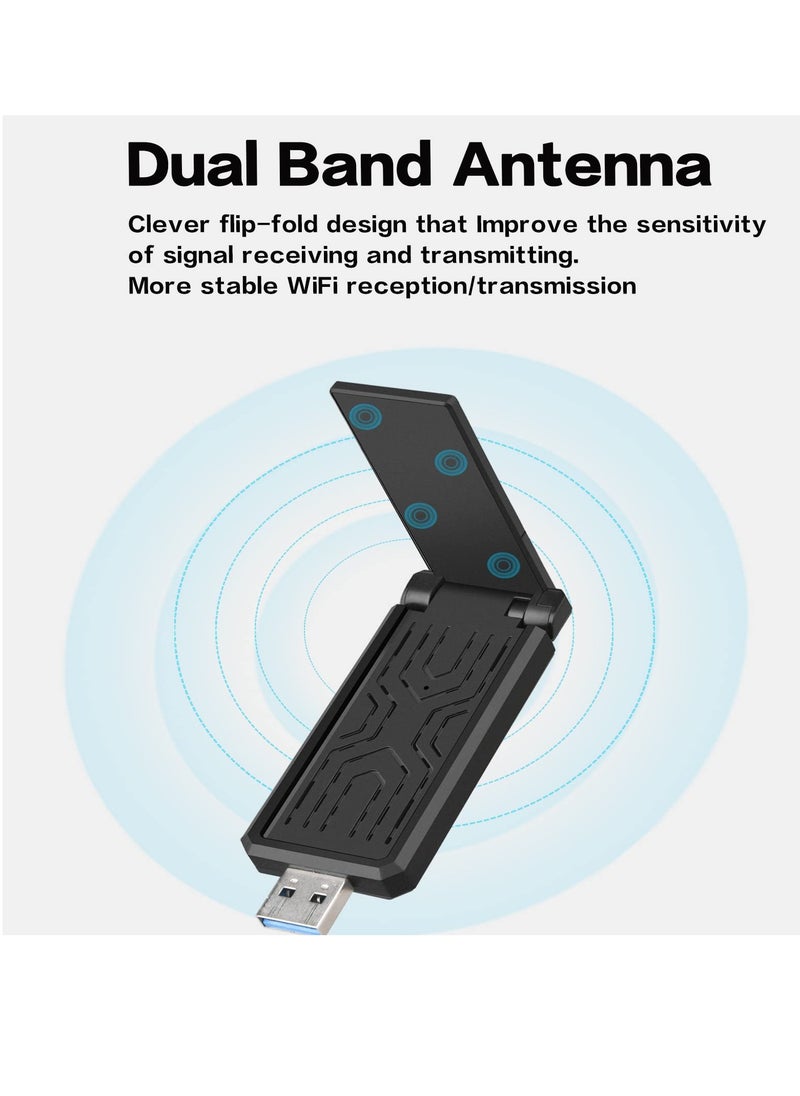 Excefore USB WiFi Adapter, for Desktop PC WiFi Adapter, Wireless USB Network Adapter, AC1300Mbps Long Range, Dual-Band 5dBi High Gain Antenna, USB3.0, 2.4GHz/5GHz, Windows7-11/XP, Mac OS 10.9-10.15  - Image 4