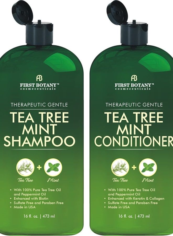 Tea Tree Mint Shampoo and Conditioner - contains Pure Tea Tree Oil & Peppermint Oil - Fights Hair Loss, Promotes Hair Growth, Fights Dandruff, Lice & Itchy Scalp - Men & Women Sulfate Free -16 oz x 2