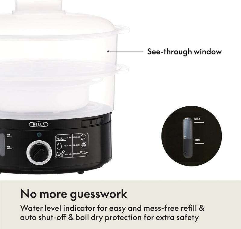 BELLA Two Tier Food Steamer with Stackable Baskets & Removable Base for Fast Simultaneous Cooking - Auto Shutoff & Boil Dry Protection, 7.4 QT, Black - Image 5