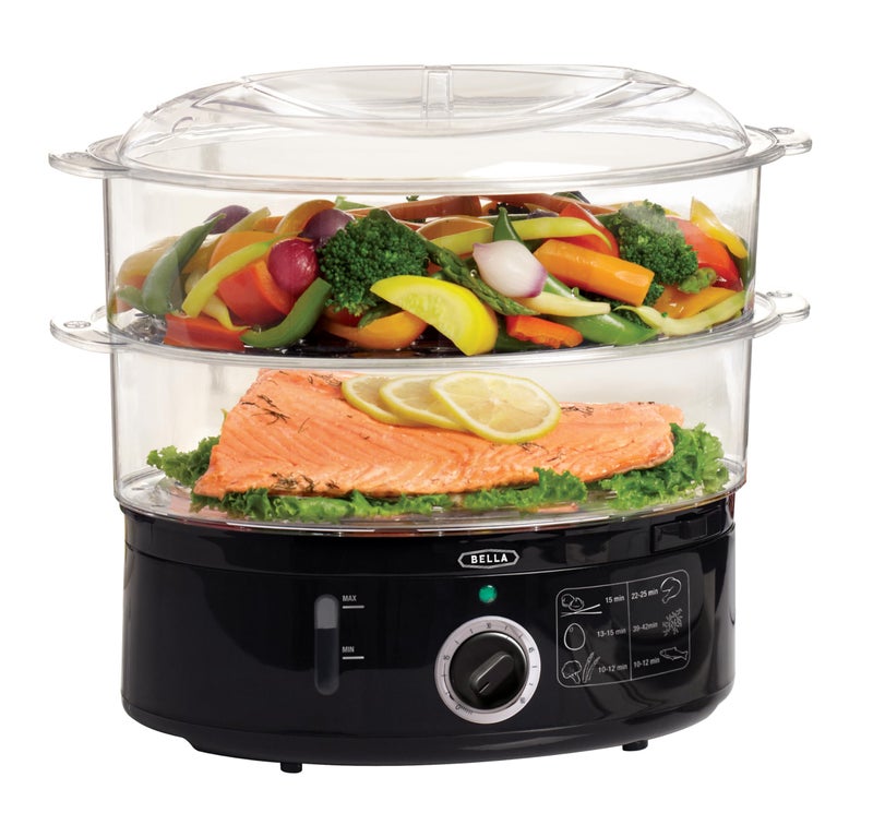 BELLA Two Tier Food Steamer with Stackable Baskets & Removable Base for Fast Simultaneous Cooking - Auto Shutoff & Boil Dry Protection, 7.4 QT, Black - Image 1