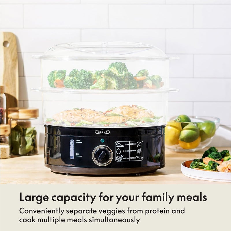 BELLA Two Tier Food Steamer with Stackable Baskets & Removable Base for Fast Simultaneous Cooking - Auto Shutoff & Boil Dry Protection, 7.4 QT, Black - Image 4