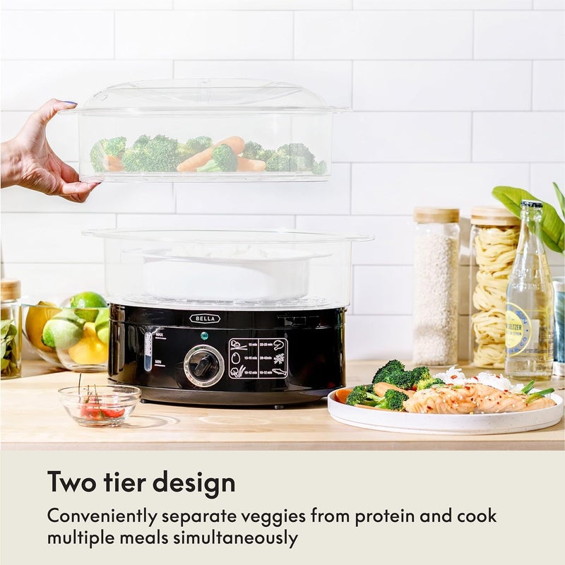 BELLA Two Tier Food Steamer with Stackable Baskets & Removable Base for Fast Simultaneous Cooking - Auto Shutoff & Boil Dry Protection, 7.4 QT, Black - Image 3