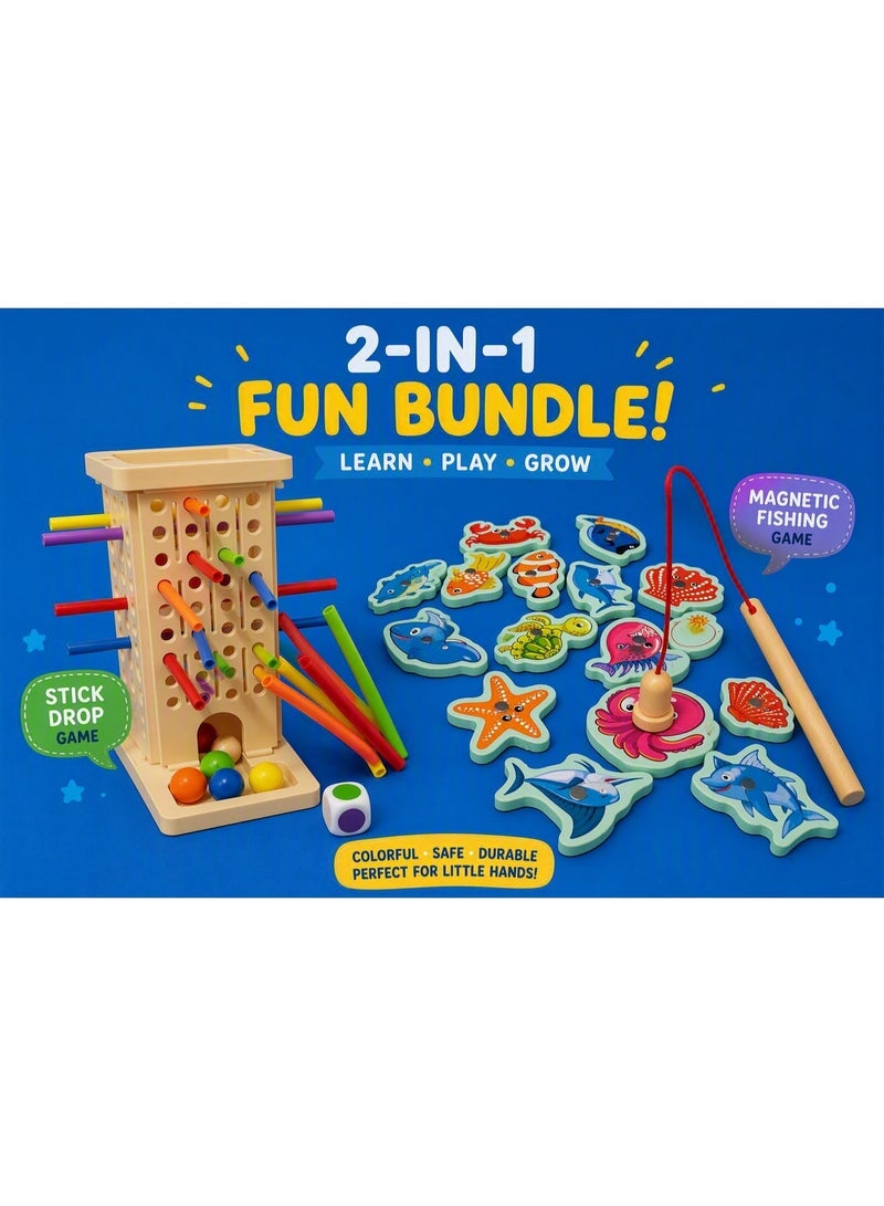 Magnetic Fishing Game + Stick Drop Game 2-in-1 Bundle | Montessori Educational Toy Set for Kids - Image 1