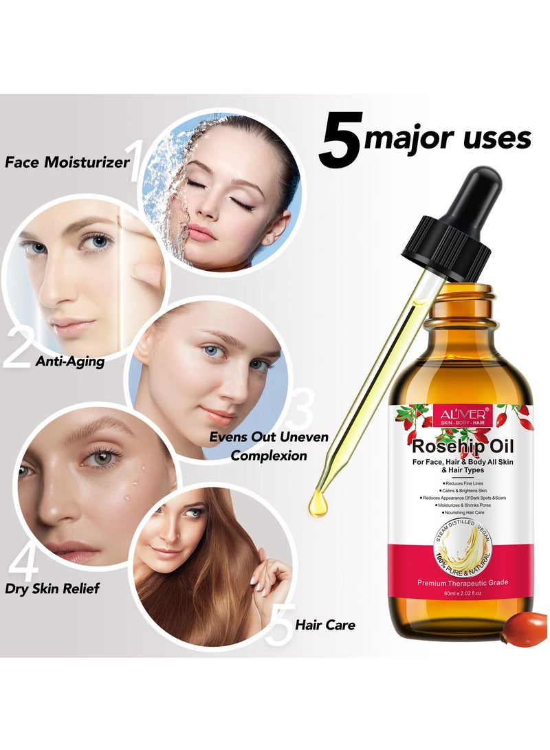 ALIVER زيت ثمر الورد مع ديرما رولر لنمو الشعر والوجه والشعر، زيت بذور ثمر الورد النقي والمعصور على البارد، زيت ثمر الورد غير المكرر لشعر الوجه والأظافر، زيت الورد العطري للعناية بالبشرة، مرطب - Image 3