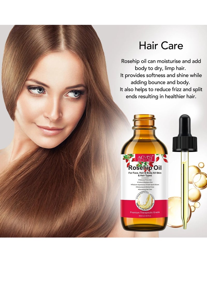 ALIVER زيت ثمر الورد مع ديرما رولر لنمو الشعر والوجه والشعر، زيت بذور ثمر الورد النقي والمعصور على البارد، زيت ثمر الورد غير المكرر لشعر الوجه والأظافر، زيت الورد العطري للعناية بالبشرة، مرطب - Image 5