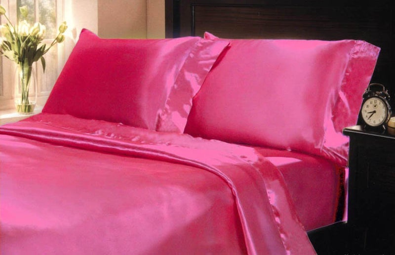 MK Home Mk Collection 4pc King Soft Silky Satin Solid Hot Pink Deep Pocket Sheet Set New - Image 3