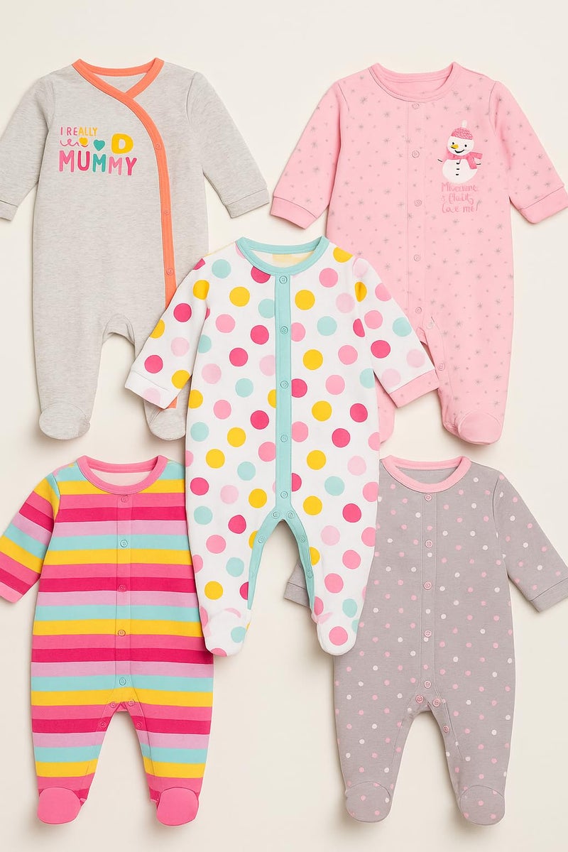 TuddyBuddy Baby Girl's 100% Cotton Relaxed-Fit Multi Color Sleepsuit Onesie Romper with Snap Button Closure - (Pack of 5 Assorted Rompers - 3-6 Months) - Image 3