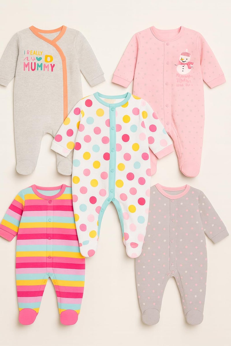 TuddyBuddy Baby Girl's 100% Cotton Relaxed-Fit Multi Color Sleepsuit Onesie Romper with Snap Button Closure - (Pack of 5 Assorted Rompers - 3-6 Months) - Image 5