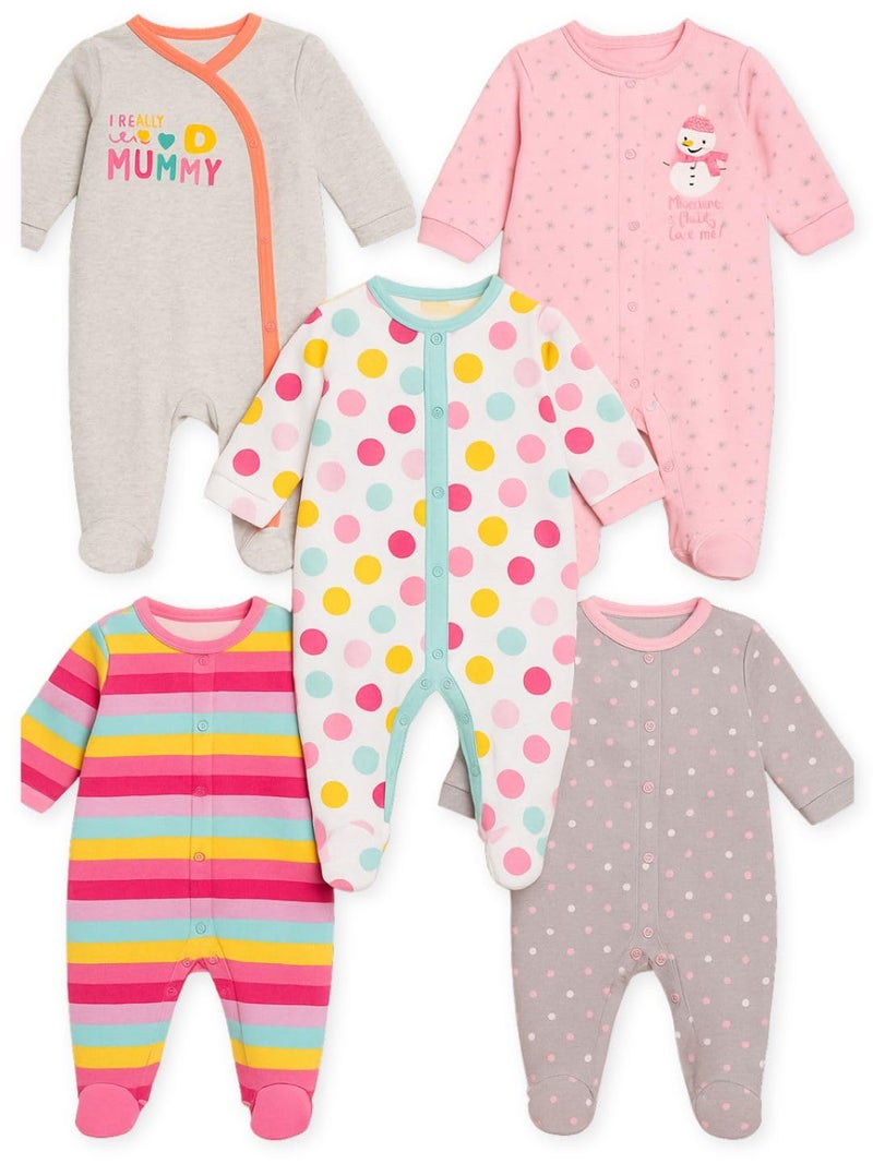 TuddyBuddy Baby Girl's 100% Cotton Relaxed-Fit Multi Color Sleepsuit Onesie Romper with Snap Button Closure - (Pack of 5 Assorted Rompers - 3-6 Months) - Image 1