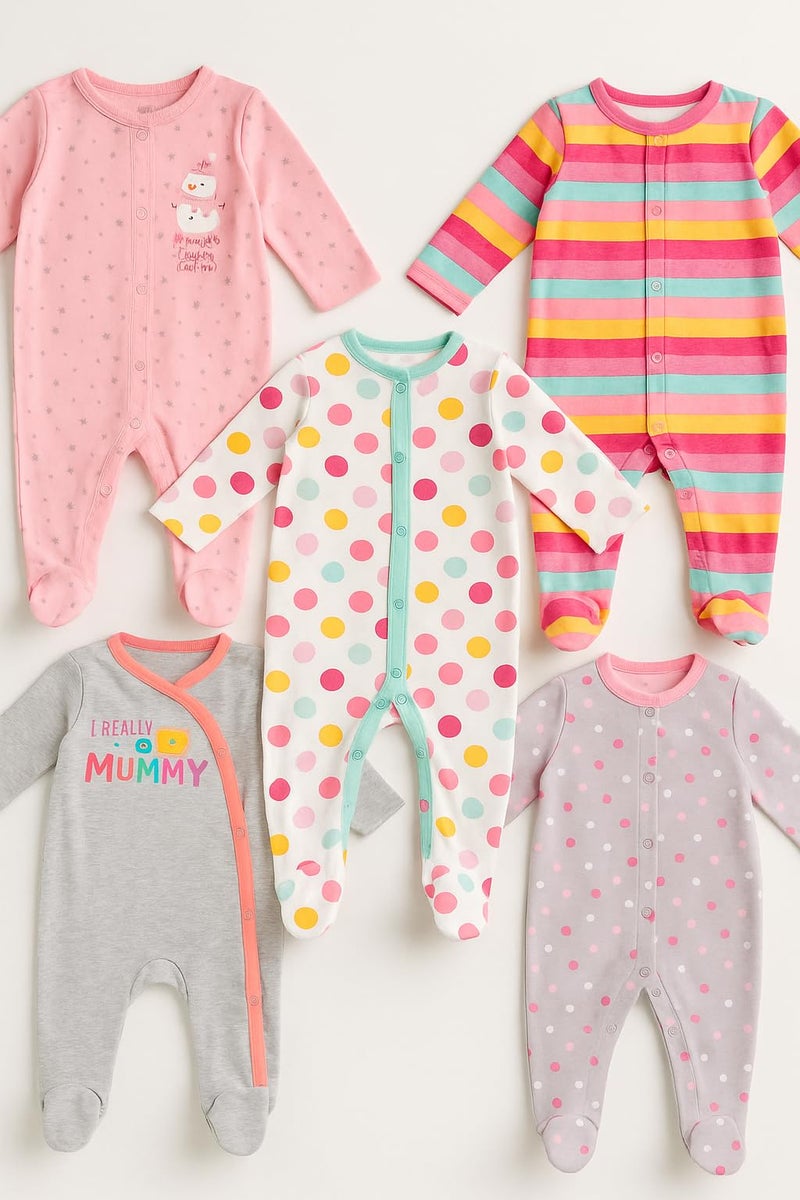 TuddyBuddy Baby Girl's 100% Cotton Relaxed-Fit Multi Color Sleepsuit Onesie Romper with Snap Button Closure - (Pack of 5 Assorted Rompers - 3-6 Months) - Image 2