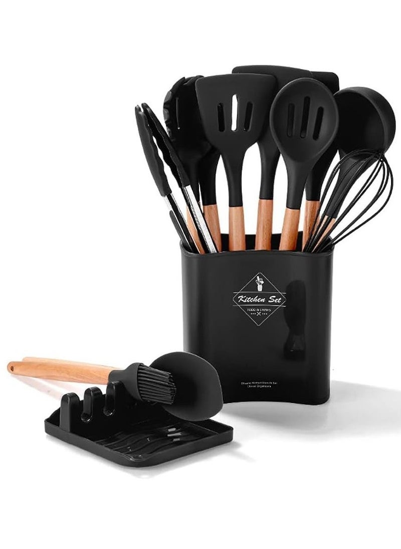 BGM "Complete 13-Piece Silicone Cooking Set – Heat-Resistant with Wooden Handles and Includes Storage Bucket"  - Image 1