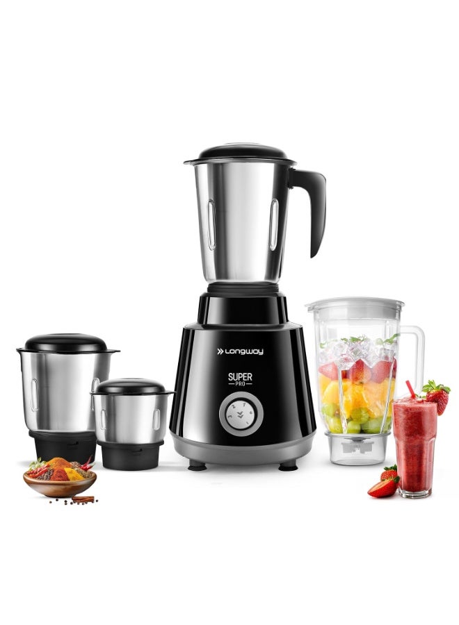 لونج واي Longway Super Pro Juicer Mixer Grinder | Up to 750 Watt Powerful Motor | 4 Jars for Grinding, Mixing, Juicing | 2 Year Warranty | Black & Gray - Image 1