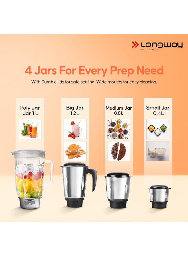 لونج واي Longway Super Pro Juicer Mixer Grinder | Up to 750 Watt Powerful Motor | 4 Jars for Grinding, Mixing, Juicing | 2 Year Warranty | Black & Gray - Image 3