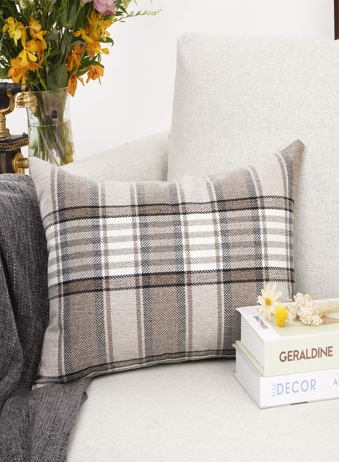 YOUR SMILE Retro Farmhouse Buffalo Tartan Chequer Stripe Plaid Cotton Linen Decorative Throw Pillow Case Cushion Cover Pillowcase for Sofa Outdoor Indoor (Brown, 12''x20'') - Image 2