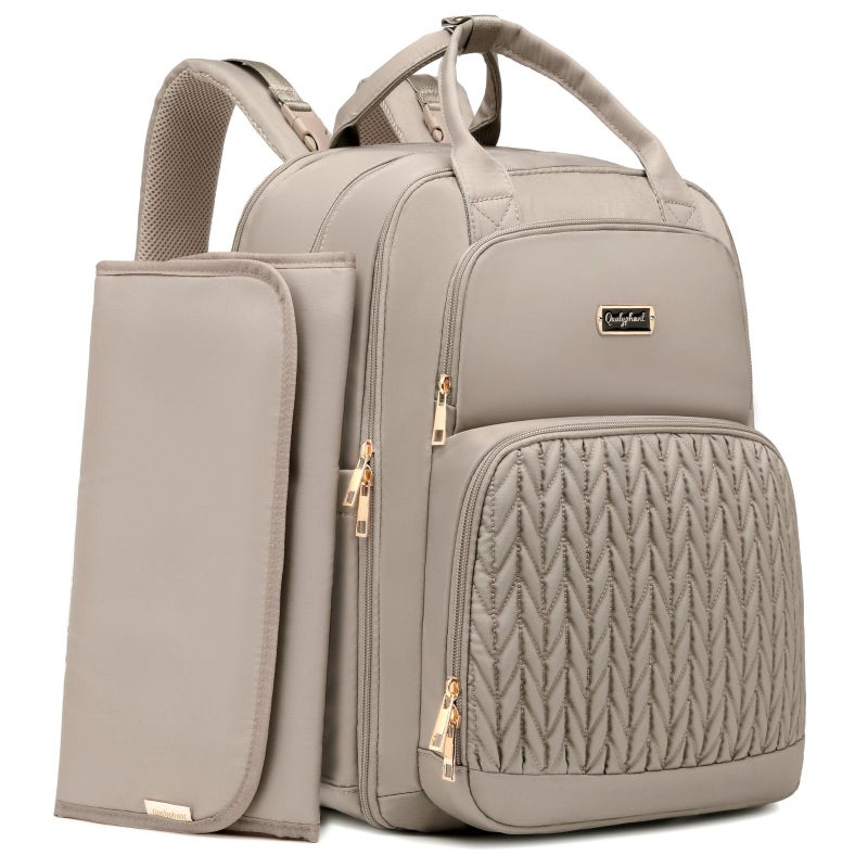 Qualyphant Diaper Bag Backpack - Extra Large Diaper Bag for Two Kids Twins (Expandable 30-38L) - Travel Baby Backpack with Changing Pad for Mom Dad (Quilted, Water Resistant, Brown Taupe) - Image 1