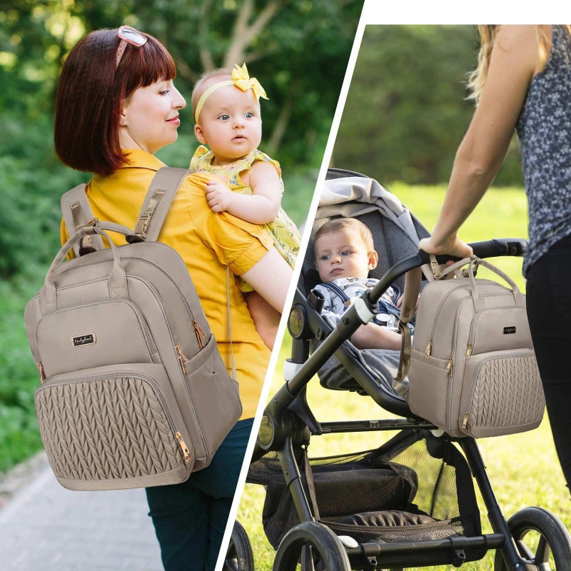 Qualyphant Diaper Bag Backpack - Extra Large Diaper Bag for Two Kids Twins (Expandable 30-38L) - Travel Baby Backpack with Changing Pad for Mom Dad (Quilted, Water Resistant, Brown Taupe) - Image 2