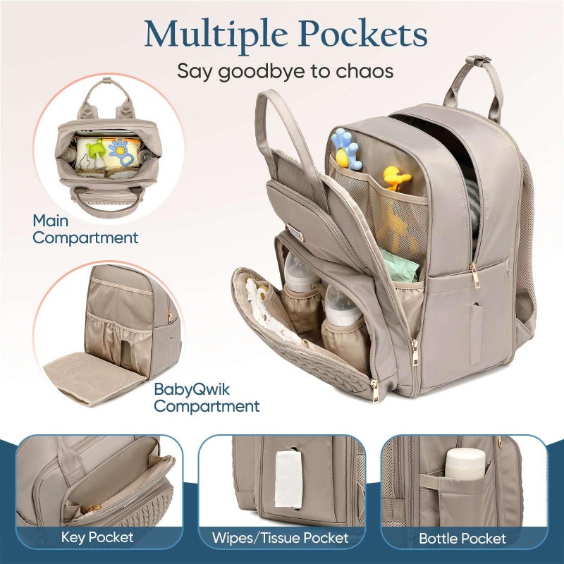 Qualyphant Diaper Bag Backpack - Extra Large Diaper Bag for Two Kids Twins (Expandable 30-38L) - Travel Baby Backpack with Changing Pad for Mom Dad (Quilted, Water Resistant, Brown Taupe) - Image 5