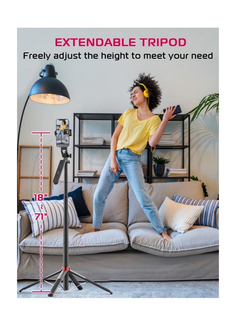 SYOSI MA09 Scalable Phone Tripod, 71" Bluetooth Selfie Stick, Universal Mobile Phone Live Broadcast Floor Stand with All in 1 Phone Clip, Aluminum Alloy Handheld Stabilizer Fit for iphone - Image 5