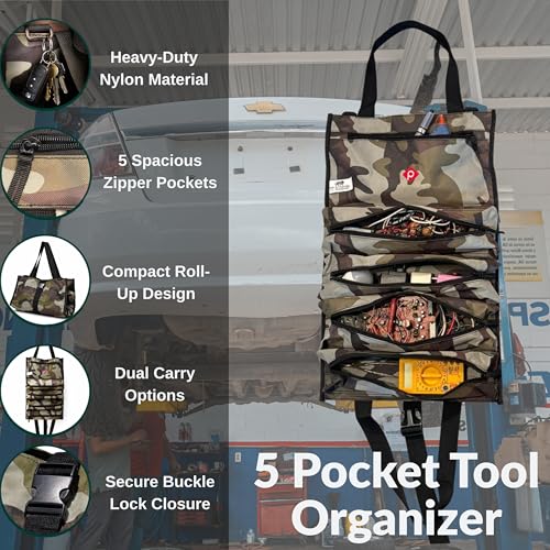 PAHAL Roll-Up Wrench Pouch Tool Bag, Heavy Duty Waterproof Nylon Tool Organizer for Mechanics, 5 Zipper Pockets, Portable Roll Up Tool Kit for Spanner, Wrench, Garage & Bike Repair - Image 2