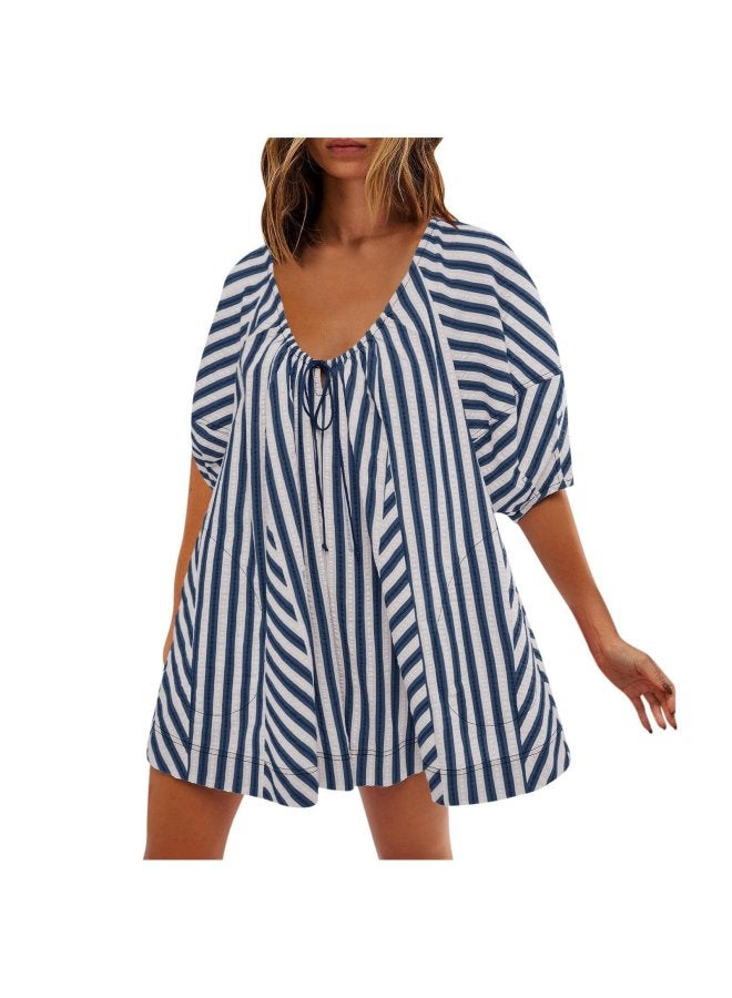 Women's European And American Export Summer Short-sleeved Stripesd Jumpsuit Slimming Look Casual Loose Deep V Wide-leg Jumpsuit