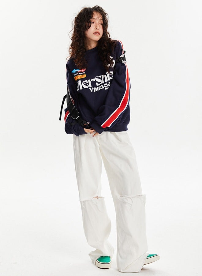 NIBEMINENT Colorful Letter Casual Long Sleeve Round Neck T-Shirt Dark Blue - Image 2