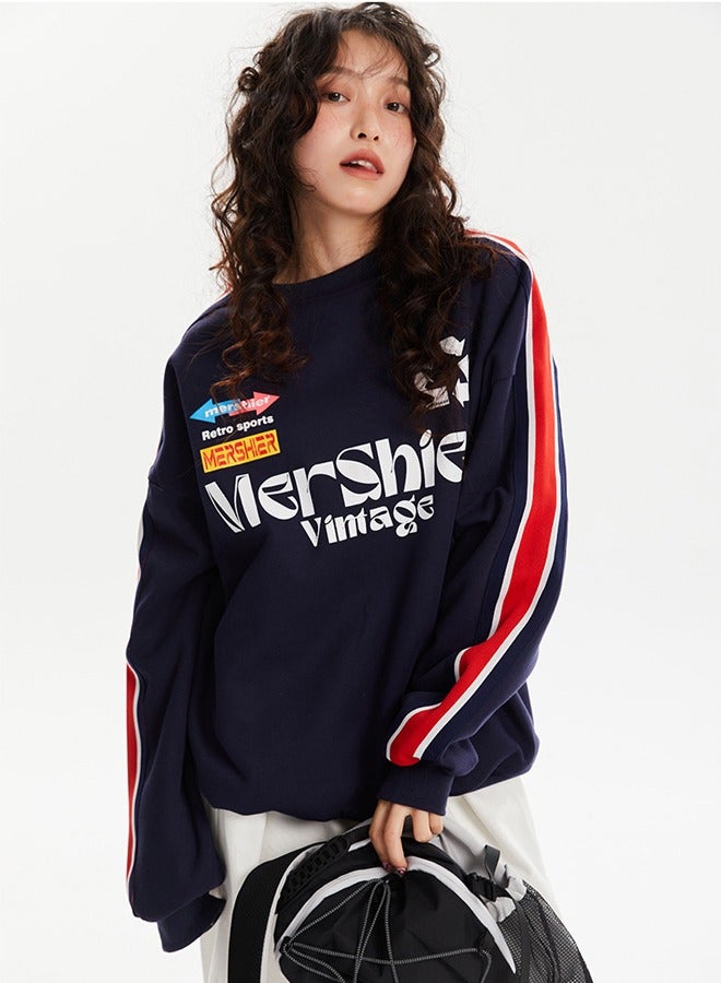 NIBEMINENT Colorful Letter Casual Long Sleeve Round Neck T-Shirt Dark Blue - Image 1