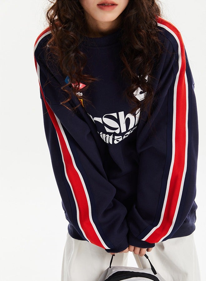 NIBEMINENT Colorful Letter Casual Long Sleeve Round Neck T-Shirt Dark Blue - Image 5