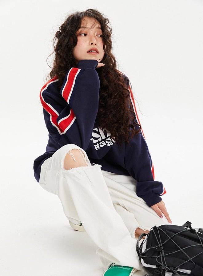 NIBEMINENT Colorful Letter Casual Long Sleeve Round Neck T-Shirt Dark Blue - Image 4